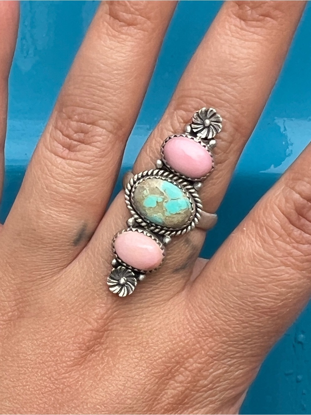 Turquoise and Pink Conch Silver Ring
